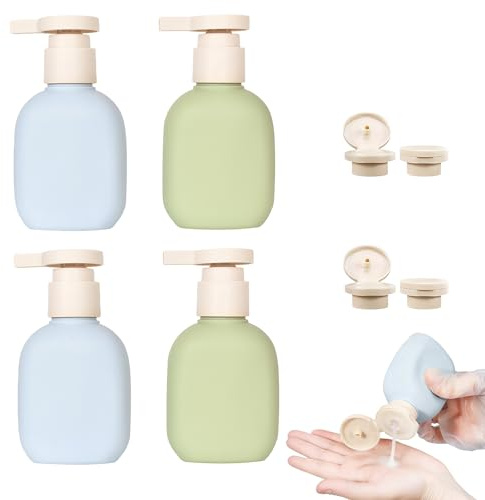 Flacons de Voyage 4 Pcs 100ml avec Bouchon Flip et Pompe, Flacon Voyage Avion, Flacons Souples, Rechargeables Portable Distributeur de Shampoing et Savon À Main, Lotion (4, Vert+Bleu, 100ML)
