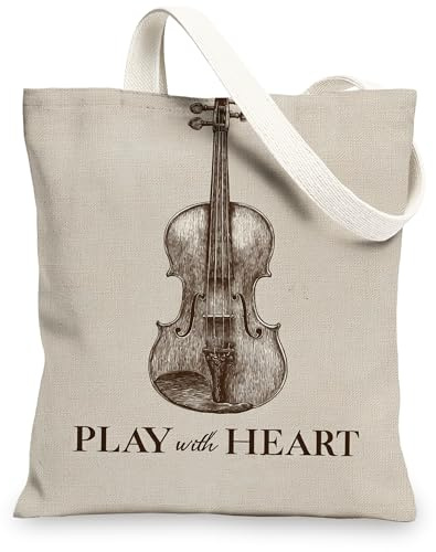Bolsas de lona vintage, bolsas de compras reutilizables con diseño artístico de violín, bolsas de lona ligeras y lavables con correa para el hombro, Beige, 13x15 Inch