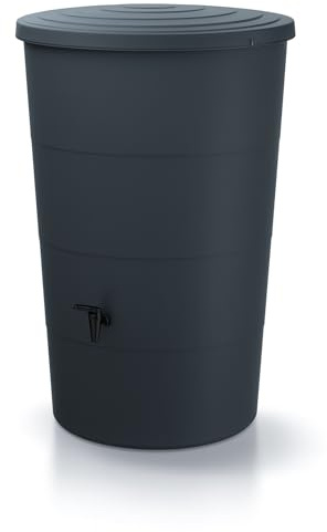 RETEC Regentonne Logos, Grau, Kunststoff, 200 Liter Fassungsvermögen, UV-beständig, Konische Form, mit Wasserhahn, für Gartenbewässerung