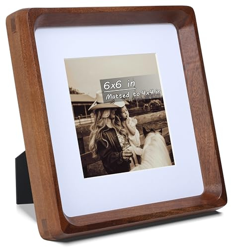 Gdfmsc Square 6x6 Picture Frame with Mat for 4x4, USA-Sourced Natural Walnut Wood Handcrafted Rounded Corner with Real Glass, Vertical or Horizontal Display Photo Gallery Wall & Tabletop Frame