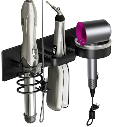 Vyranut Soporte de Pared para Secador de Pelo con Doble Instalación – Porta Secador de Aluminio Espacial sin Taladro o con Tornillos, con Ranura para Cable, Diseño Negro, 30 × 8 cm