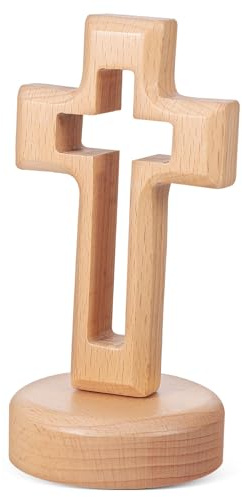TOYANDONA Standing Wood Cross Decor,rustic Table Centerpiece Crucifix Ornament with Base,wooden Hollow Jesus Cross Magnetic Table Crucifix for Grave Standing Display Home Desk Mantlepiece Present