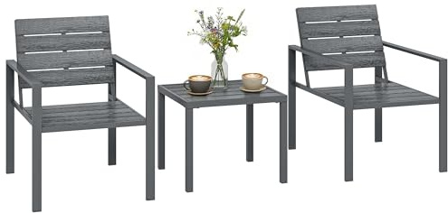 Outsunny Set da Bistrò da 3 Pezzi, Set da Giardino con 2 Sedie da Giardino in HDPE, Tavolino, Set Tavolo e Sedie da Giardino in Metallo, per Patio Balcone, Grigio Scuro