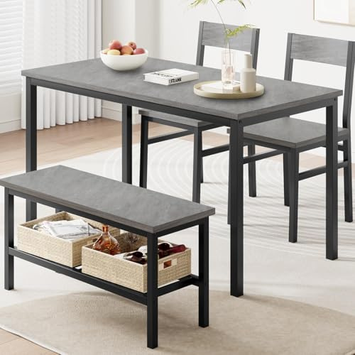 GarveeMore Juego de Comedor Grande - con 2 sillas y 1 Banco con Almacenamiento, Ideal para Comedor y salón, Estructura metálica Resistente, Material PB y Madera, para 4 o más Personas, Color Gris