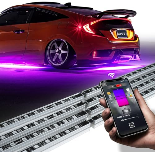 OPT7 Aura Pro Underglow LED Lights Kit for Cars with APP & Remote Control, RGB Multicolor Modes, Music Sync, Waterproof Rigid Aluminum Light Bar, Exterior Neon Accent Underbody Lighting, Car Gifts