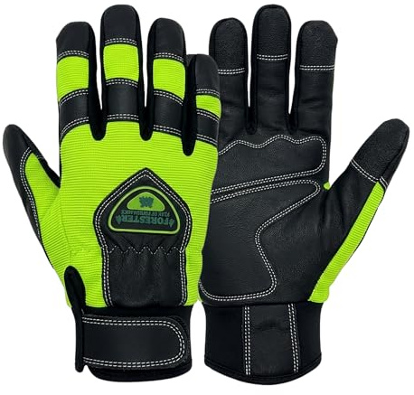 FORESTER Hi-Vis Chainsaw Gloves | Anti-Vibration Leather Safety Gloves for Chainsaw Work, Logging & Tree Cutting | Cut-Resistant Protection - Medium