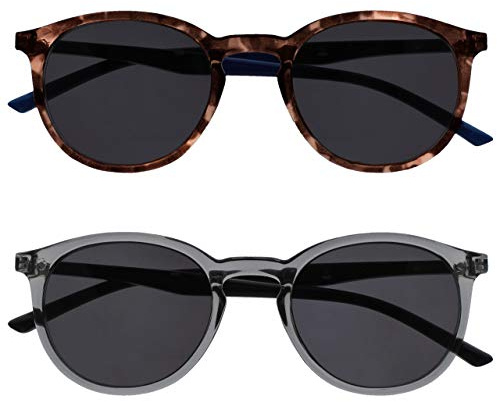 OPULIZE Met Sonnen Leser Brille 2er Pack Schlank Runder Rahmen Federscharniere Kratzfeste Getönte Linse UV400-Schutz Braun Transparent Grau Herren Damen SS60-27 +2.00