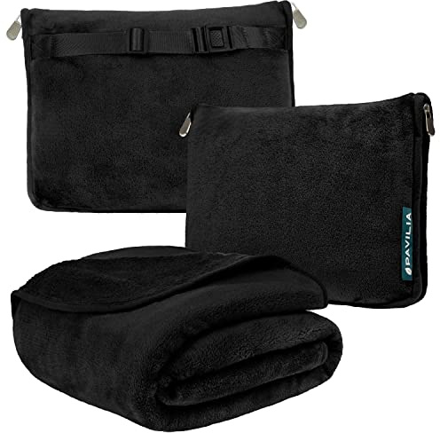 PAVILIA Resefilt och kudde | Varm mjuk fleece 2-i-1 kombinationsfilt för flygplan, camping, bilresor | Stort kompakt filtset med bagagerem och ryggsäcksklämma, 60 x 43 (solid svart)