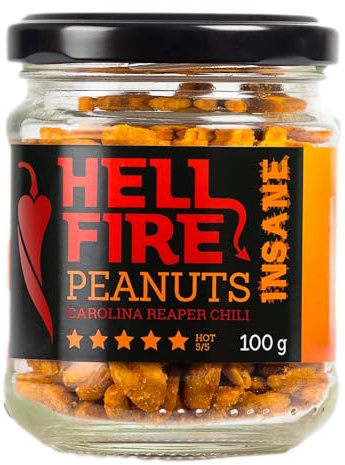 I LOVE SPICY Hellfire Peanuts Insane 100g Extremt Heta Jordnötter Kryddade med Carolina Reaper Chili Peppar, Hetta 5/5