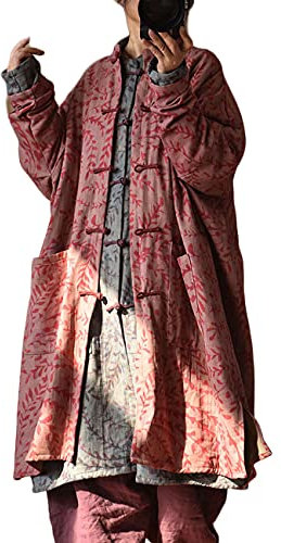 NFYM Langer Damen-Mantel aus Baumwollleinen, mit Knopfleiste, Vintage-Stil, Retro-Stil, mit Taschen, Rot/Ausflug, einfarbig (Getaway Solids), Einheitsgröße