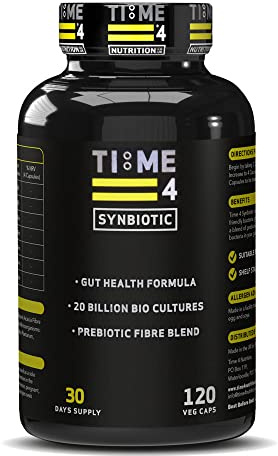 Time 4 Synbiotic – Advanced Vegan Friendly Prebiotics & Probiotic Supplement, Prebiotic Fibre Blend, Friendly Bacteria, 20 Billion CFU, Lactobacillus, Gut Health Supplements 120 Capsules 30 Day Supply