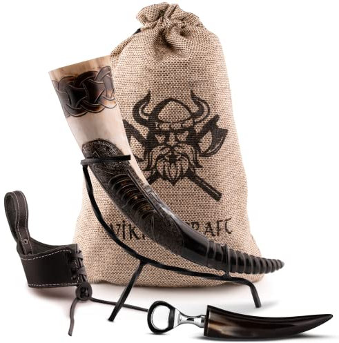 VIKING CRAFT® Corne à Boire Gravée - 450 ml - Extra Large - 5 Pièces - Pour Vin - Avec Support - Cadeaux, Chope à Bière Médiévale - Décoration - Miel