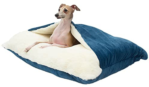 Lit orthopédique pour chien/chat avec capuche et couverture, lavable, amovible pour animaux de compagnie de petite et moyenne taille, doux et confortable Couleur : bleu