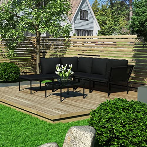 AUVYI Salon de jardin 6 pièces avec coussins - En PVC - Noir - 190 x 200 x 65 cm - Pour extérieur, balcon, dossier - Canapé bar - Salle à manger - Groupe de bancs d'angle