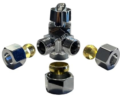 EZ-Fluid 5/8 Comp O.D X 3/8Comp X 3/8Comp Dual Outlets Heavy Duty Chrome Brass Angle Stop Valve,1/4 Turn Water Shut Off Ball Valve For Water Pipes,Kitchen,Bathroom (1)