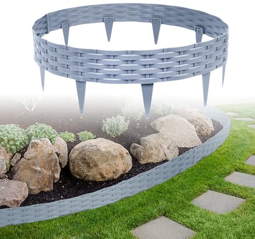 ACXIN Bordo per aiuole da giardino, 5 m, effetto rattan, con 5 elementi da 100 cm, per palizzate da giardino, rotondo, in plastica, resistente ai raggi UV (5 pezzi, grigio)