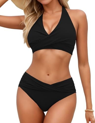 Sopliagon Women's Bikini Sets Twist Front Two Piece Swimsuit Halter Bathing Suit Black S