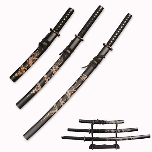 3pc Set Japanese Samurai Sword With Display Stand,Iaido Katana Engraved With Dragon Pattern On The Scabbard Carbon Steel Blade Real Sword For Display Decoration and Gift