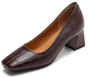 Zapatos De Tacón Cerrado Cuadrados para Mujer De Cuero Sintético Tacones De Bloque Gruesos Bajos Zapatos De Fiesta Cómodos para Trabajar En La Oficina,Marrón,38.5 EU