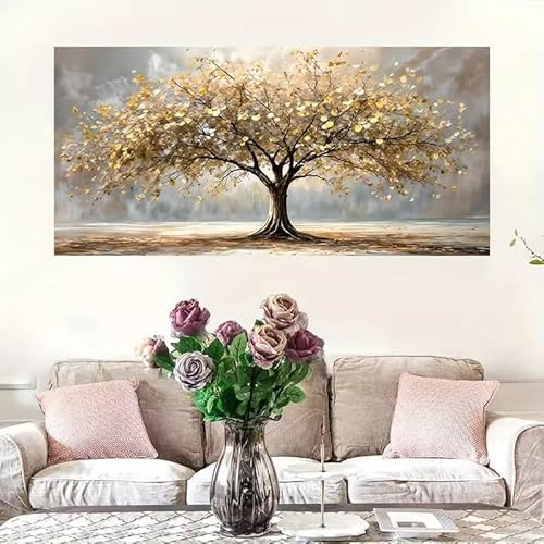 IHHGNB 1 lienzo de árbol de la vida dorado y beige con hojas doradas, arte de pared sin marco, impresiones de paisaje otoñal, pósteres, obras de arte (80 x 160 cm (31 x 63 pulgadas)/sin marco)