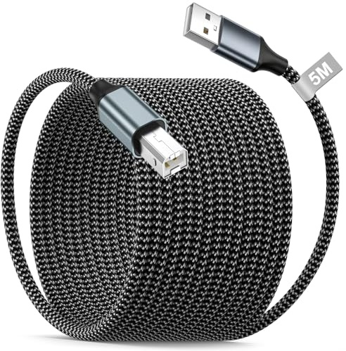 Cable Impresora USB 5M, USB 2.0 Tipo A a USB B, Nailon Trenzado Alta Velocidad, para HP, Canon, Epson, Lexmark, Dell, Xerox, Samsung, Brother, Escáner, Fax, PC