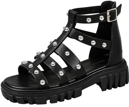 Jemnpela Sandalias Gladiador Plataforma Gótico Punk Mujer Tacón Cuña Grueso Punta Abierta Romano Tobillera Combate Correas Verano Fiesta Noche Cosplay Festival Casual
