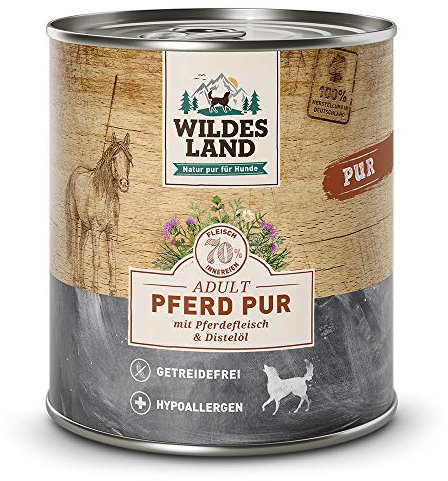 Wildes Land - Nassfutter für Hunde - Pferd PUR - 12 x 800 g - mit Distelöl - Getreidefrei & Hypoallergen - Extra hoher Fleischanteil von 70% - Beste Akzeptanz und Verträglichkeit