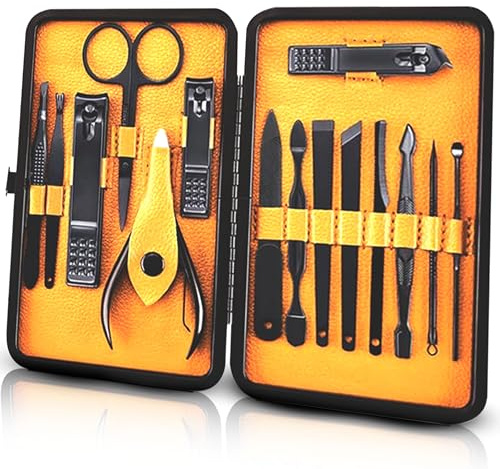 Groomarang Mens Manicure Kit - 15pc | Stainless Steel Nail Clippers Grooming Set | Corrosion Resistant Black Tools | Cuticle Nipper Nail File Tweezers Scissors | Compact Travel Case for Men