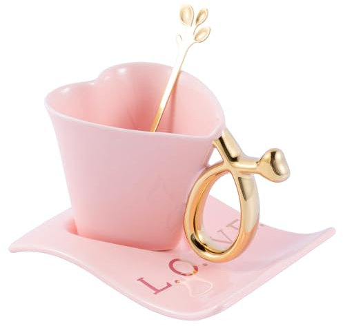 Winlauyet Juego de tazas de café expreso de porcelana de 135 ml con forma de corazón con platillo y cuchara, tazas de café y té de cerámica (rosa), KC0179-82