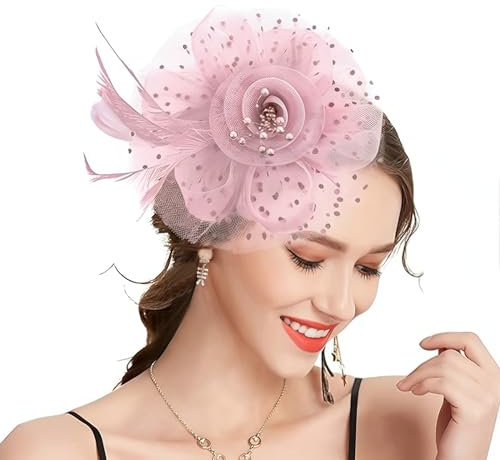Oenothera Kopfschmuck Fascinator, Fascinator Hut Damen, Hochzeit Mesh Stirnband, mit Haarspange und Haargummi für Damen Mädchen Abend Partys（Rosa）