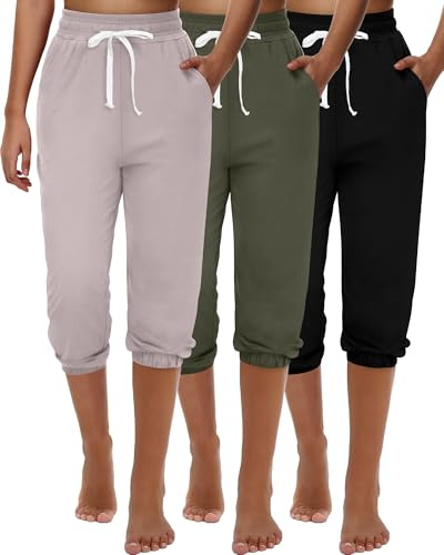Ficerd 3 Pezzi Pantaloni della Tuta Capri da Donna Pantaloni da Jogging Estivi Casual Sportivi Cropped Pantaloni da Salotto a Vita Alta Sportivi con Tasche(Nero, Verde Militare, Cachi Chiaro,Large)