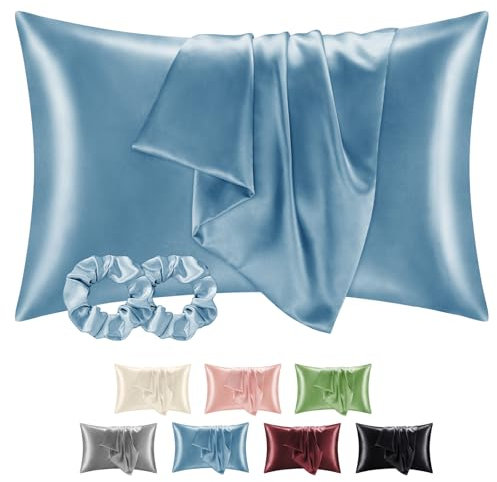 BEDELITE Satin Kissenbezug 40x60 Blau - Kopfkissenbezug 2er Set Weich wie Seidenkissenbezug 40 x 60 Sommer mit 2 Haargummis für Haar und Haut, Similar to Silk Pillowcase Pillow Cover