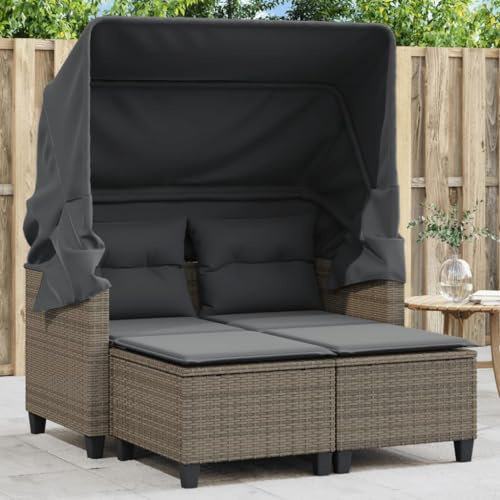 Tidyard Trädgårdssoffa 2-sitsig med tak och pall, 2-sitsig loungesoffa, trädgårdslounge soffa, terrasssoffa, trädgårdsmöbler, grå poly rotting