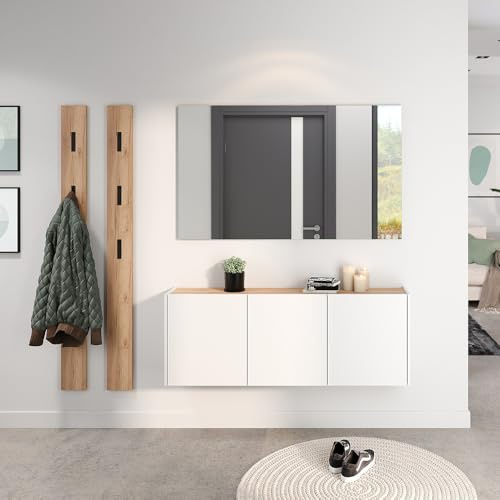 Lomadox Garderoben-Set 4-teilig in weiß mit Eiche | Flurgarderobe Modern mit Spiegel und Kommode