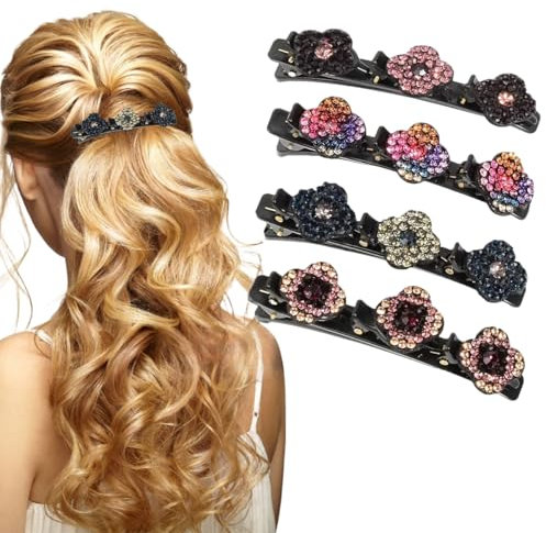 Lot de 4 pinces à cheveux cristal élégantes double couche mini fleurs pour femmes et filles