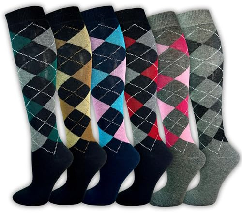 Generisch Chaussettes montantes pour femmes (lot de 6 paires) Chaussettes d’équitation Chaussettes pour femmes Confort élastique Coton à carreaux Respirant, coloré, 35-38