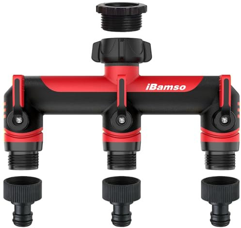 iBamso 3-Way Distributor, 3/4 Inch Water Distributor, Connection Option for 3 Devices to the Tap, Garden Hose Adapter, Extended Handle, Individually Adjustable Water Flow - Red