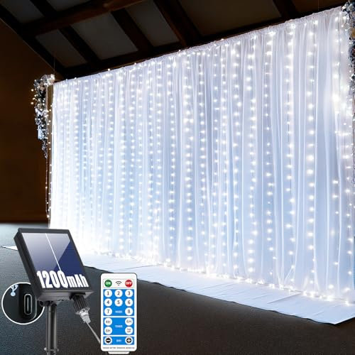 RJEDL Rideau lumineux, 3 x 3 m, 300 LED, 8 modes, guirlande solaire, pour l'extérieur, alimentation USB, étanche IP65, avec télécommande, minuterie et fonctions de mémoire, blanc
