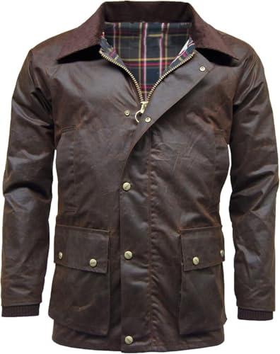 Giacca da uomo a maniche lunghe in stile antico con imbottitura in cera, fodera tartan, calda con cerniera e tasche, cappotto con cappuccio rimovibile, Marrone, S
