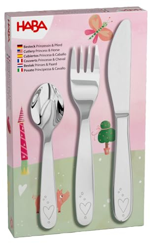 HABA Cubertería infantil de acero inoxidable con diseño de corazón, juego de tenedor, cuchillo y cuchara, apto para lavavajillas, a partir de 12 meses, 2012819004