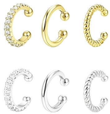 ZUWIJEQ 6 Pcs Aretes Clip Oreja Sin Agujero Mujer Ajustables Hipoalergénicos Falsos Oreja Helix Puños de Cartílago Oro/Plata