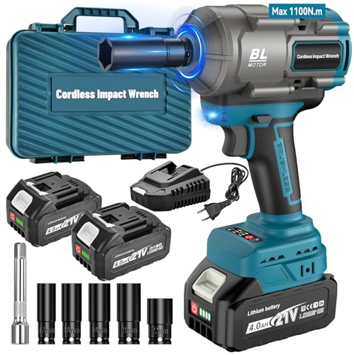 Yofuly 1100 Nm Llave de Impacto a Bateria de compatible con Maa-kita 18V 21V, 2 Baterías de 4.0 Ah, Pistola de Impacto Bateria 1/2 con 5 Vasos y Barra de Extensión para Neumáticos y Andamios