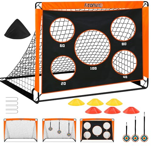 Fitencexu But de football pour enfants avec cadre en fibre de verre – Mur de but à 5 trous + 3 cibles et 6 obstacles. Kit résistant aux intempéries 120 x 90 cm pour entraînement de jardin, pliable
