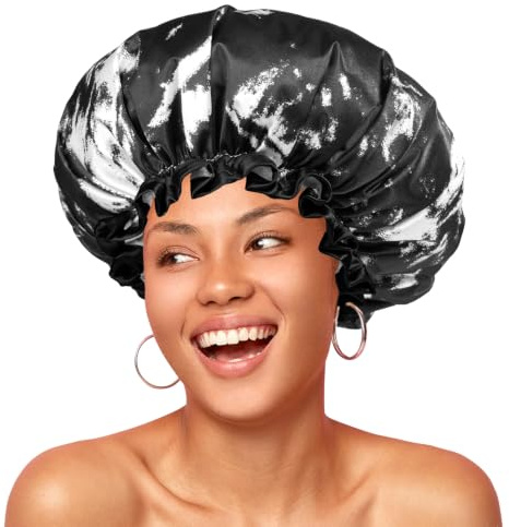 mikimini Gorro de Ducha Grande para Mujeres y Hombres, Reutilizable e Impermeable, Doble Capa Ajustable con Banda Elástica para Pelo Largo y Trenzas - Diseño Clásico en Blanco y Negro Estilo Tinta