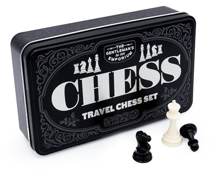 The Gentleman’s Emporium: Chess Travel Set | Portable Fold-Out Board Game in Stylish Tin | Classic Chess Set with Pieces & Folding Board, Black
