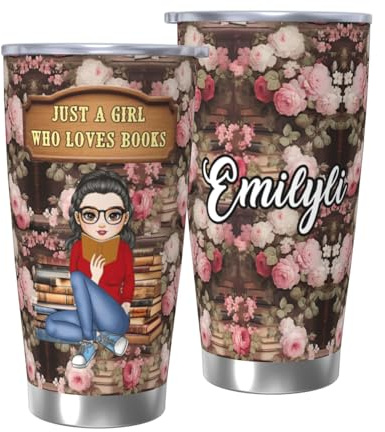 KKIIOEXX Just A Girl Who Loves Books Cup,Personalized Stainless Steel Tumbler with Name Portrait,Custom Insulated Coffee Travel Mug Cup with Lid,Gifts for Book Lovers Readers Bookworms Librarian