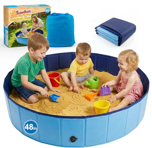 Aywewii Caja de arena extragrande de 48 pulgadas para niños, caja de arena plegable con tapa de drenaje y bolsa de transporte, pozo de arena de PVC para exteriores, interior, patio, parque, playa