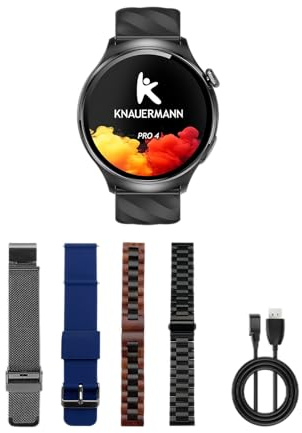 Knauermann PRO 4 (2026) rund svart – EKG hälsoklocka blodtryck, puls och sömnanalys, telefoni, IP67, exklusivt paket med 4 armband