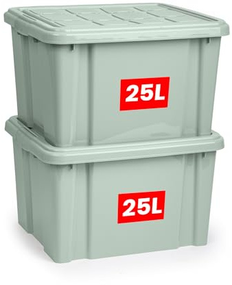 PlasticForte – Pack de Cajas de Almacenamiento de 25 y 16 L con Tapa - Plástico Resistente, Apilables y Transparentes - Organizador (Verde, Pack 2, 25, Litros)