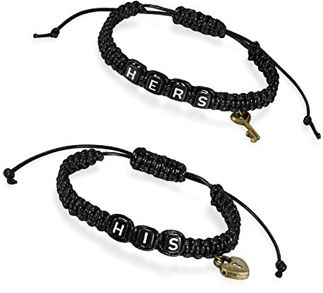 Flongo 2 stycken läderarmband, läderarmband svart linda flätad snörkedja par partnerarmband His & Hers gravyr bollar lås nyckel hänge set män, kvinnor, 15 centimeters, Läder, Utan sten